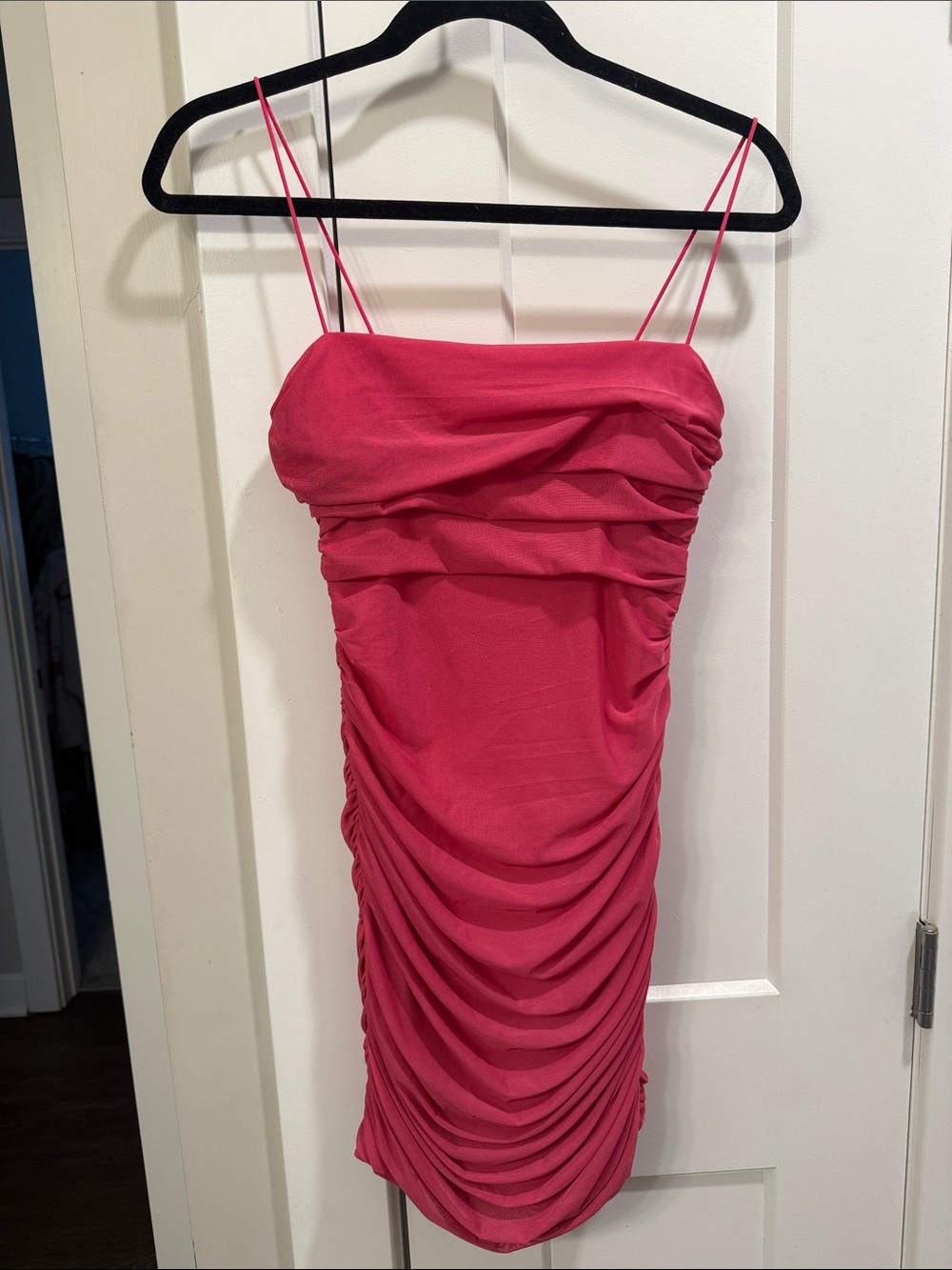 Princess Polly Hot Pink Ruched Spaghetti-Strap Mini Dress